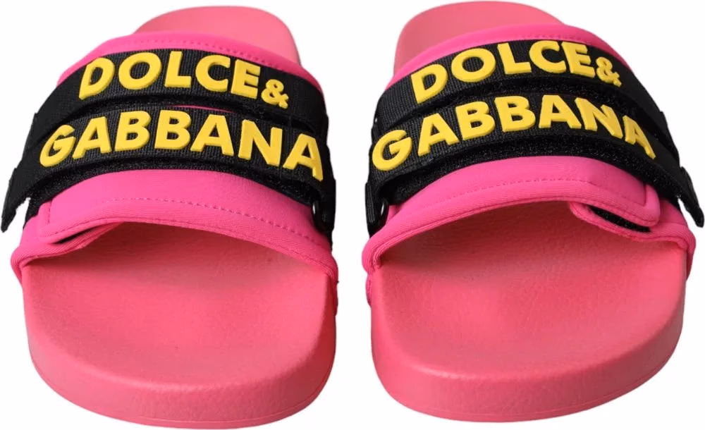 Dolce & Gabbana Pink Black Logo Beachwear Flats Sandals Shoes