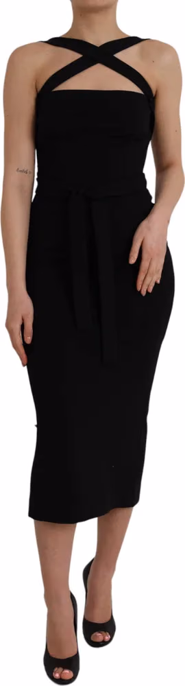 Dolce & Gabbana Black Sheath Halter Sleeveless Midi Dress