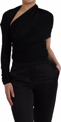Black Wool Cutout Asymmetric Long Sleeve Top