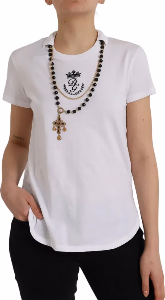 Dolce & Gabbana White Cotton Necklace Short Sleeves T-shirt