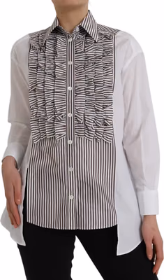 White Stripes Cotton Long Sleeves Ruffle Collar Top