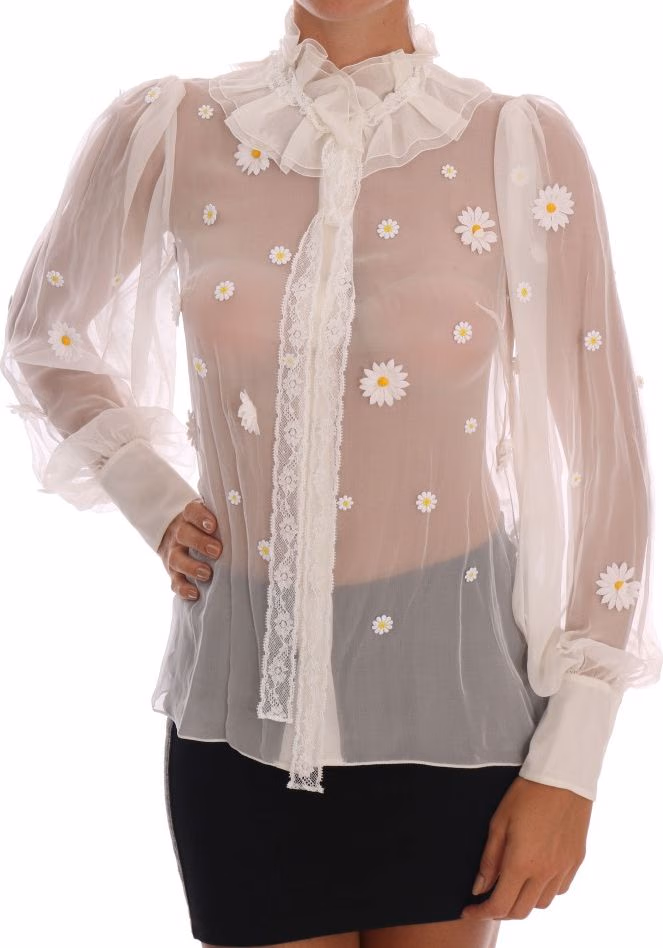 Dolce & Gabbana White Daisy Applique Silk Shirt