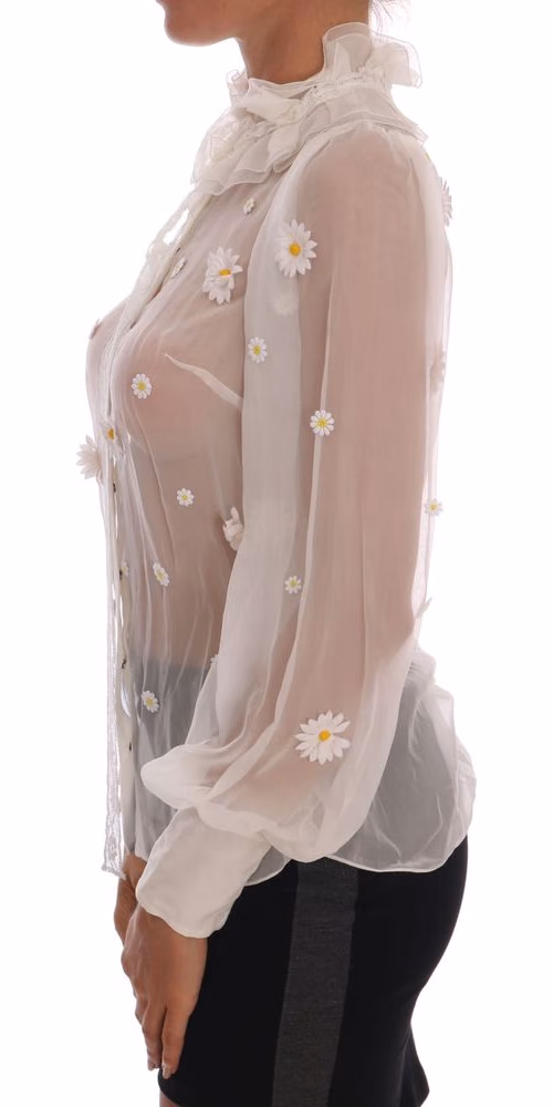 Dolce & Gabbana White Daisy Applique Silk Shirt
