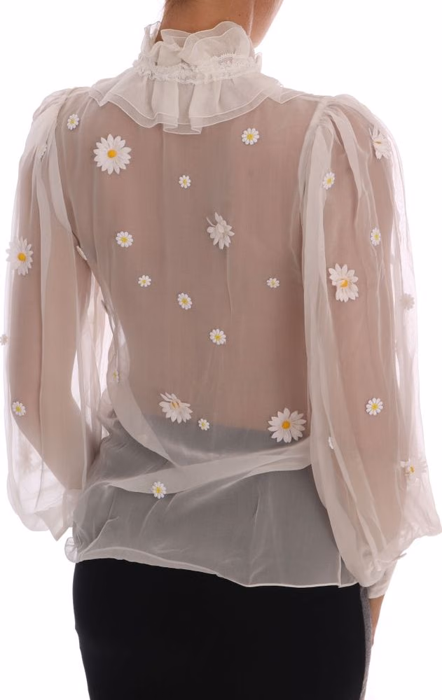 Dolce & Gabbana White Daisy Applique Silk Shirt