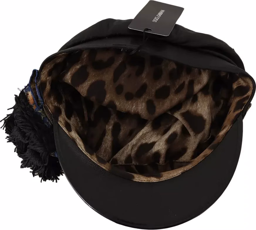 Dolce & Gabbana Black Leather Crystal Beads Gold Ribbon Fiddler Cap