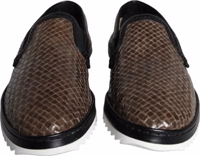 Brown Black Leather Weaved Men Loafers Shoes