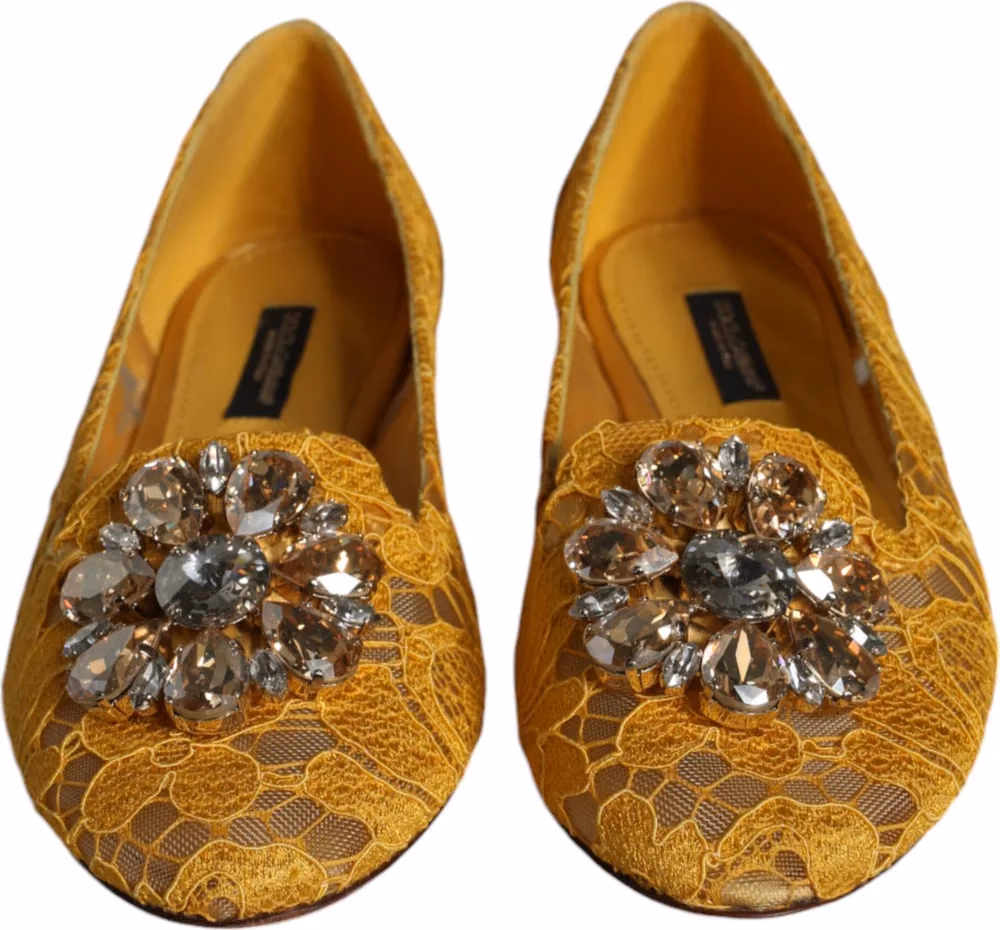 Dolce & Gabbana Mustard Lace Crystal Ballet Flats Loafer Shoes
