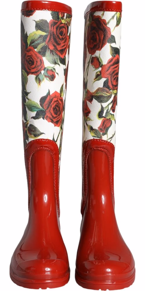 Dolce & Gabbana Red Floral Rubber Knee High Flat Boots Shoes