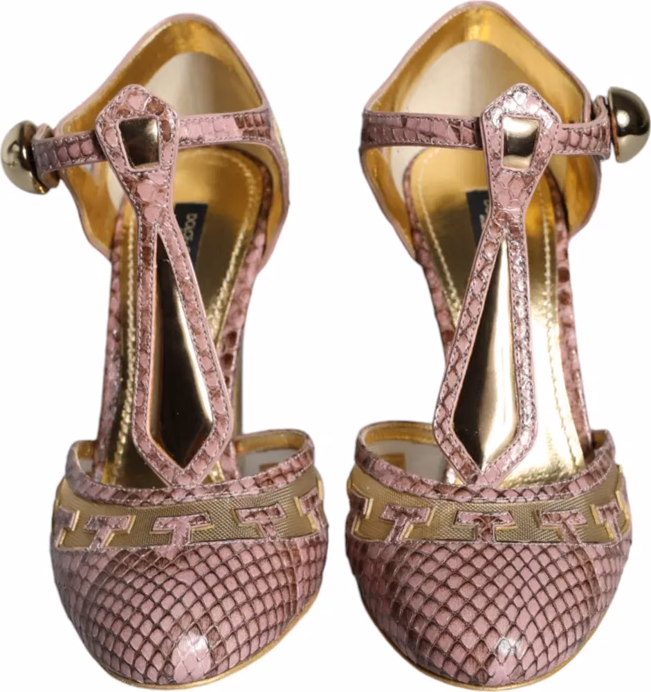 Dolce & Gabbana Pink Gold Leather Pumps T-strap Sandals Shoes
