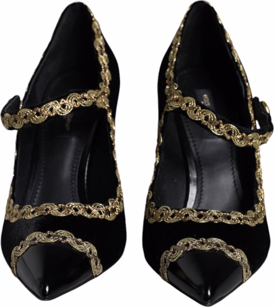 Dolce & Gabbana Black Mary Janes Velvet Gold Pumps Shoes