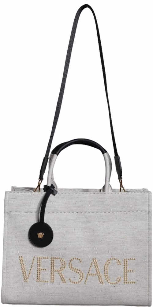 Versace White Top Handle Canvas Leather Logo Crossbody Tote Bag