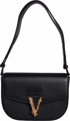 Black Grainy Calf Leather Logo Crossbody Shoulder Bag