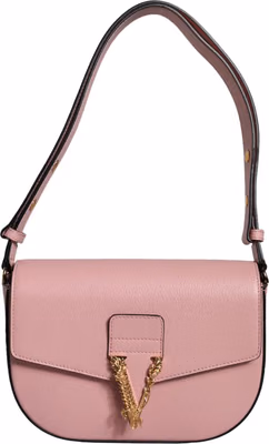 Pink Grainy Calf Leather Logo Crossbody Shoulder Bag