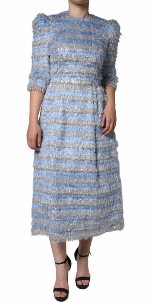 Dolce & Gabbana Light Blue Silver Jacquard A-line Midi Dress