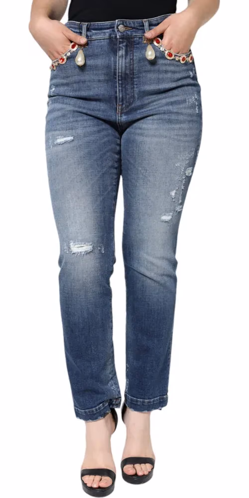 Dolce & Gabbana Dark Blue Cotton Tattered Skinny Denim Jeans