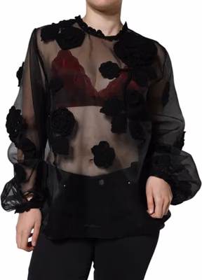 Black Nylon Mesh Transparent Floral Blouse