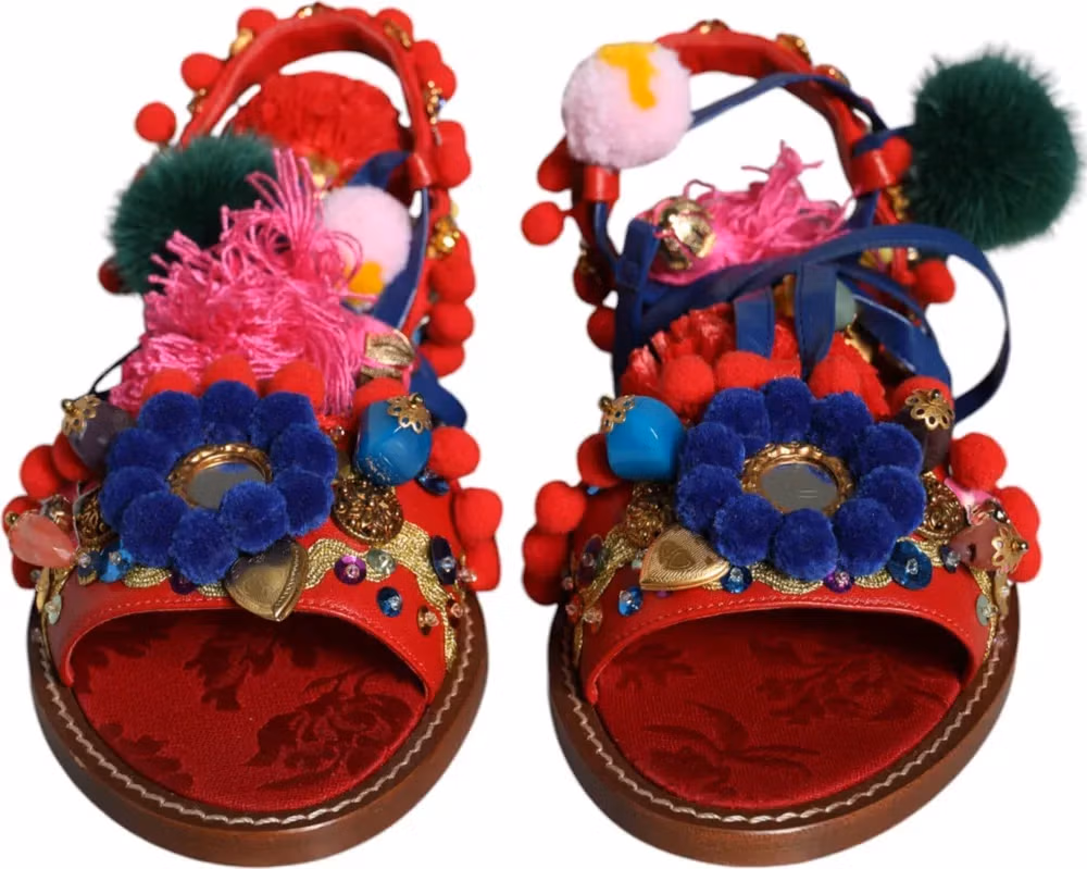 Dolce & Gabbana Multicolor Pom Pom Fur Wrap Sandals Shoes