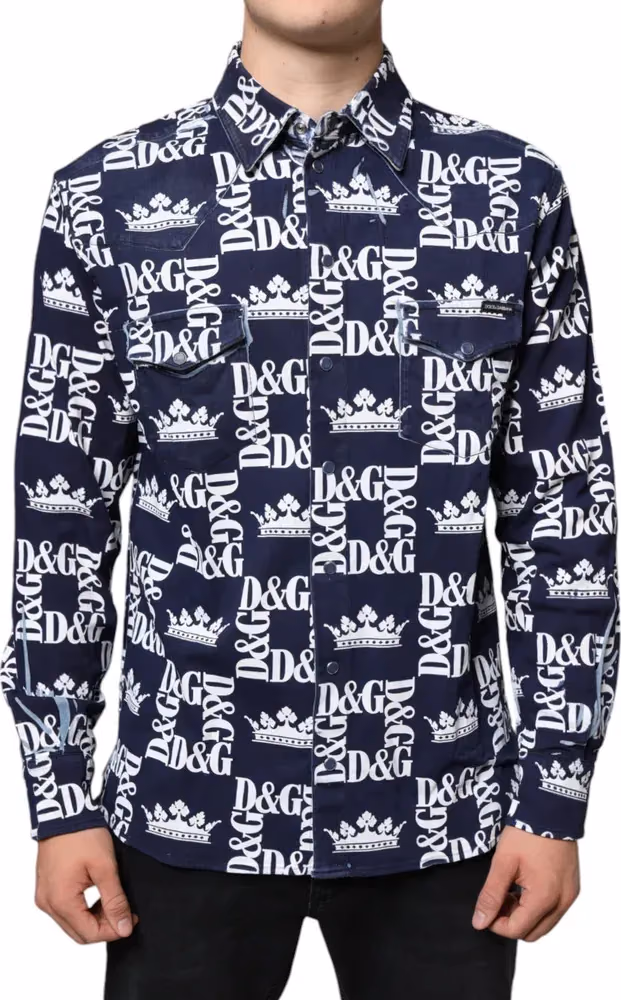 Dolce & Gabbana Blue Crown Logo Print Slim Fit Cotton Shirt