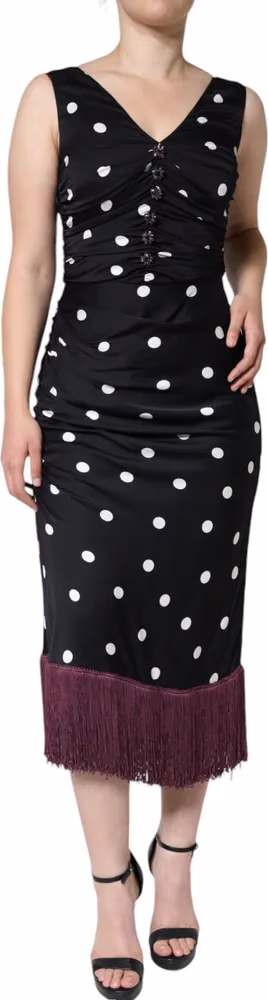 Dolce & Gabbana Black Silk Polka Dot Vneck Tassel Midi Dress