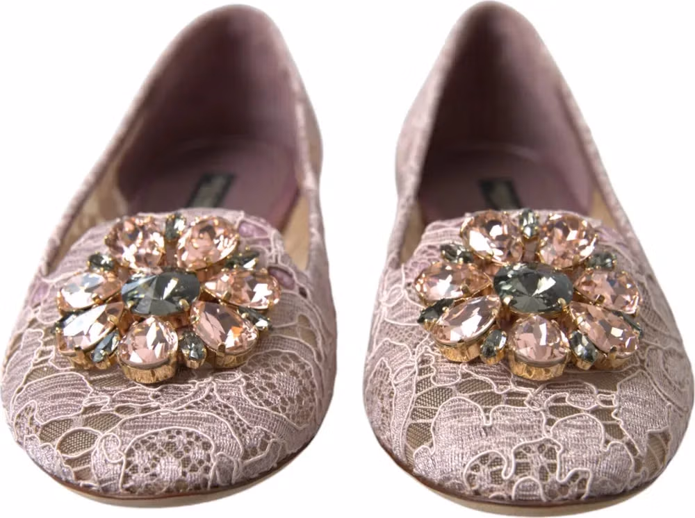 Dolce & Gabbana Pink Lace Crystal Ballet Flats Loafers Shoes
