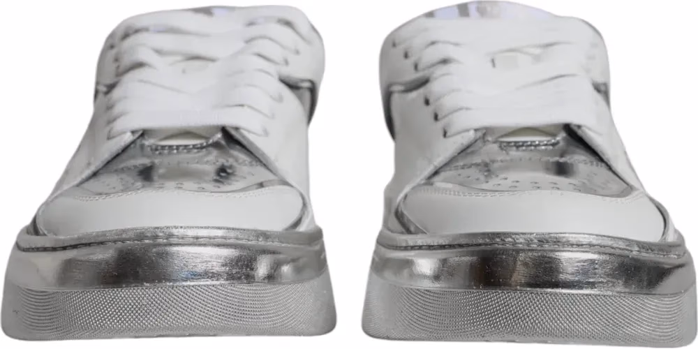 Dolce & Gabbana White Silver Leather Low Top Sneakers Shoes