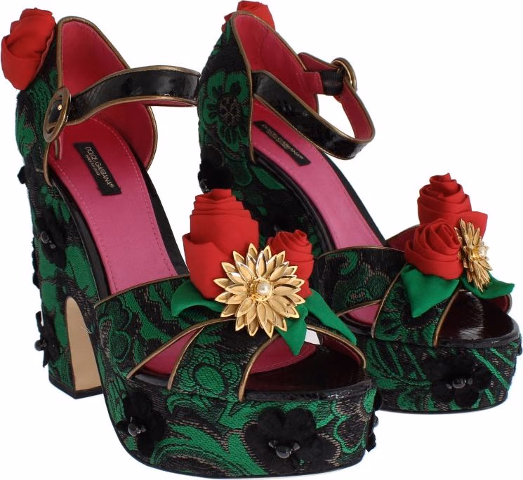 Dolce & Gabbana Green Brocade Snakeskin Roses Crystal Shoes