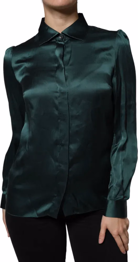 Dolce & Gabbana Dark Green Silk Button Down Long Sleeves Blouse Top