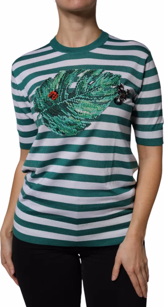 Dolce & Gabbana White Green Stripe Leaf Crew Neck T-shirt