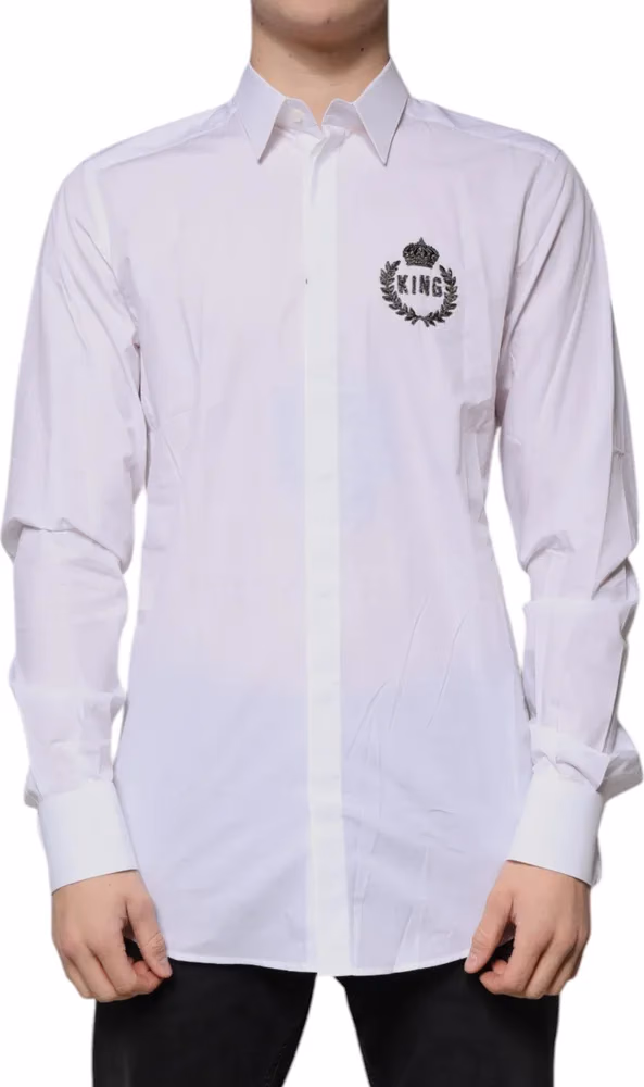 Dolce & Gabbana White Cotton Logo Formal Men GOLD Dress Shirt