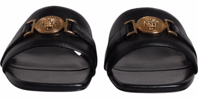 Black Leather Logo Plaque Slip On Slides Flats Shoes
