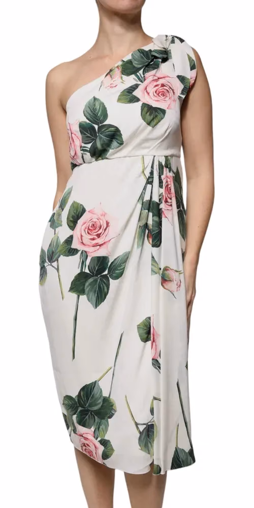 Dolce & Gabbana White Floral Silk One Shoulder Midi Dress