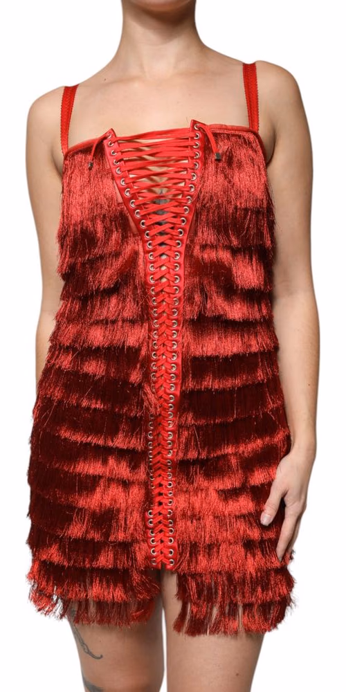 Dolce & Gabbana Red Lace Tassel Sleeveless Sheath Mini Dress