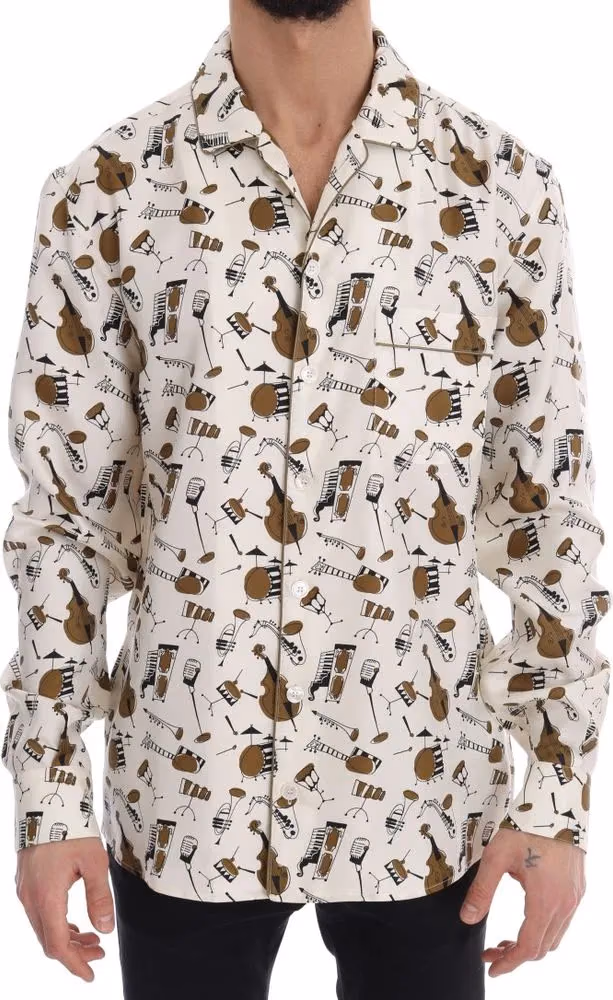 Dolce & Gabbana White Silk JAZZ Motive Print Shirt