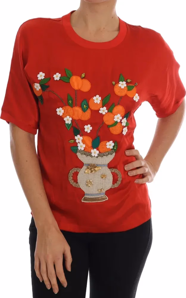 Dolce & Gabbana Red Silk Orange Vase Crystal Top