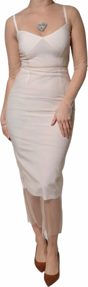 Dolce & Gabbana White Sheer Tulle Bustier Bodycon Midi Dress