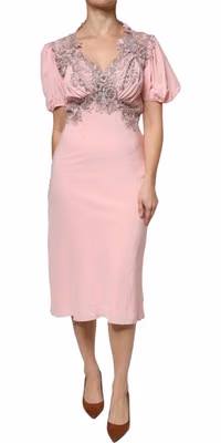 Pink Floral Lace Short Sleeves V-neck Midi Dress