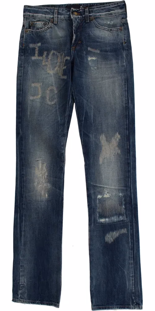 Cavalli Blue Wash Torn Cotton Straight Fit Jeans