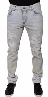 Light Blue Cotton Blend Tattered Skinny Denim Jeans
