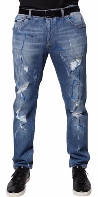 Blue Cotton Stretch Tattered Skinny Denim Jeans