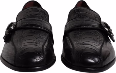 Black Exotic Leather DG Logo Loafers Formal Dress Shoes