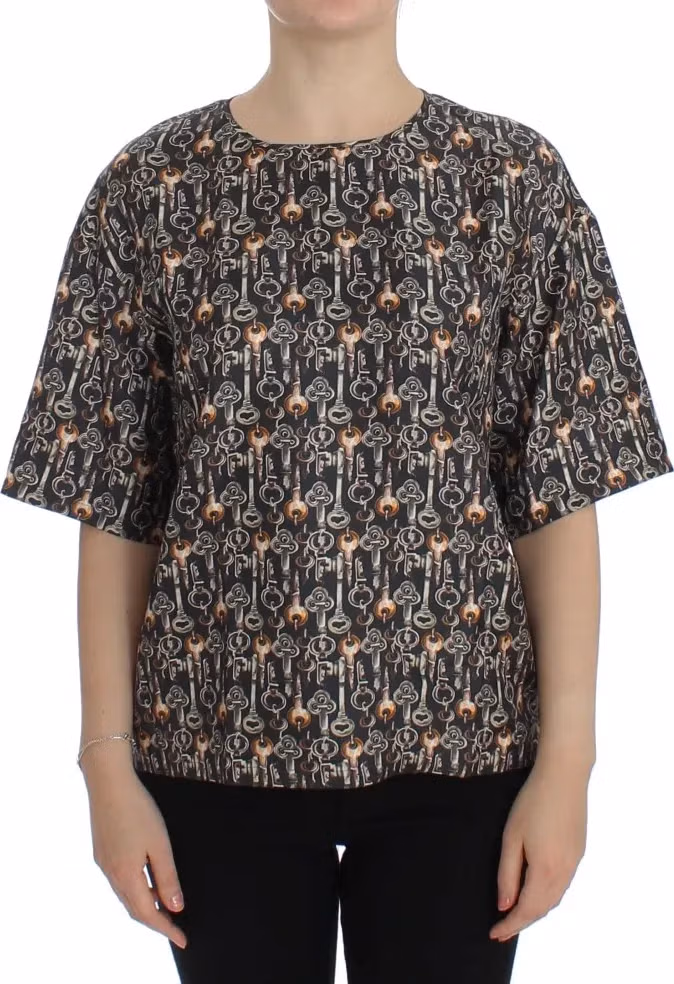 Dolce & Gabbana Gray Gold Key Print Silk Blouse T-shirt