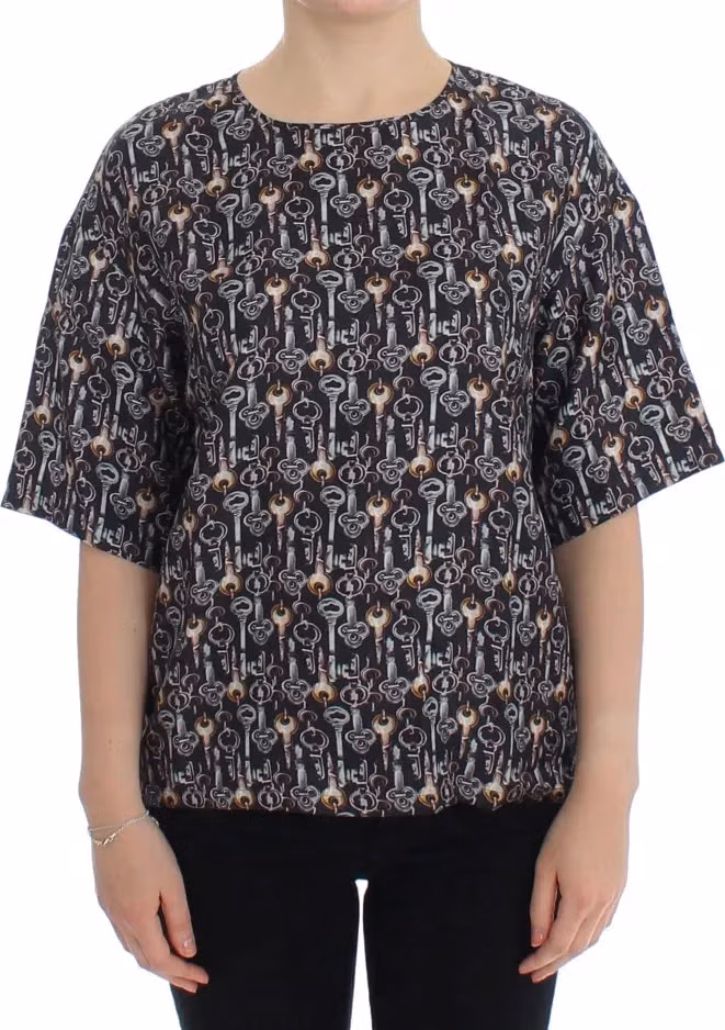 Dolce & Gabbana Gray Gold Key Print Silk Blouse T-shirt