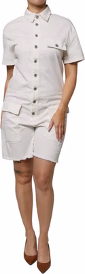 White Cotton Short Sleeves Button Down Romper Dress
