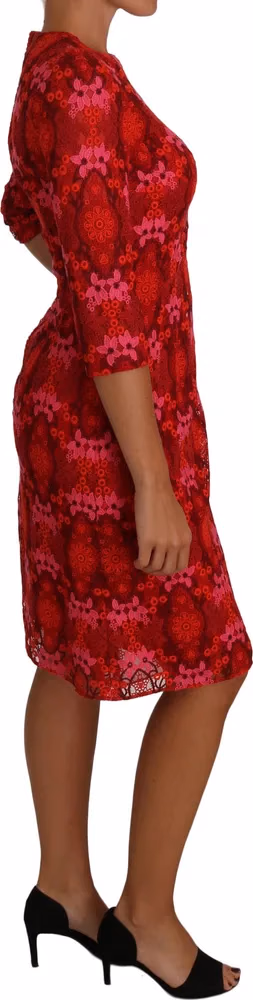 Dolce & Gabbana Floral Crochet Lace Red Pink Sheath Dress