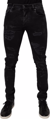 Black Tattered Cotton Skinny Men Denim Jeans