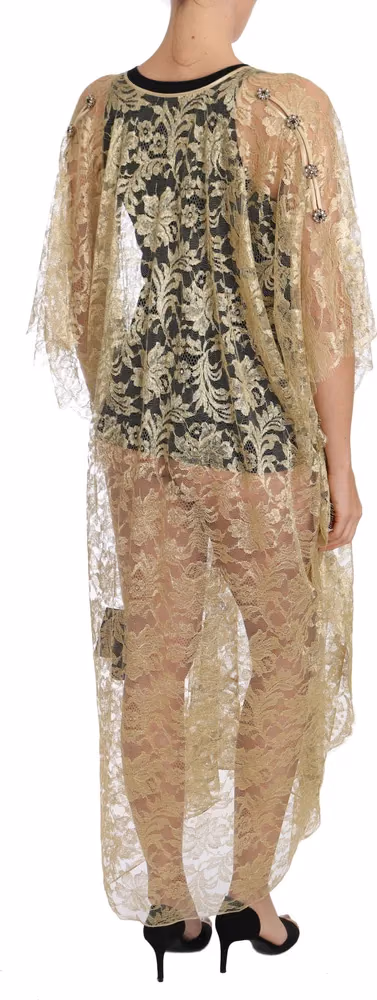Dolce & Gabbana Gold Floral Lace Crystal Gown Cape Dress