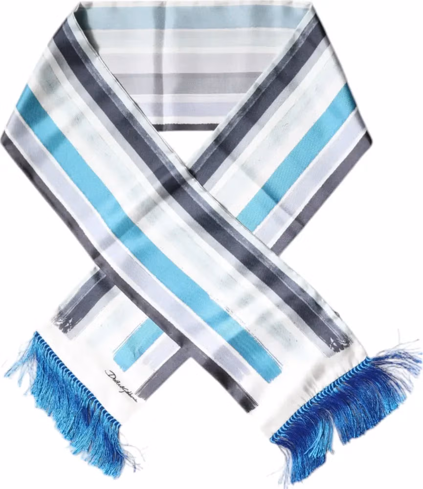 Dolce & Gabbana White Blue Stripes Silk Fringes Wrap Scarf