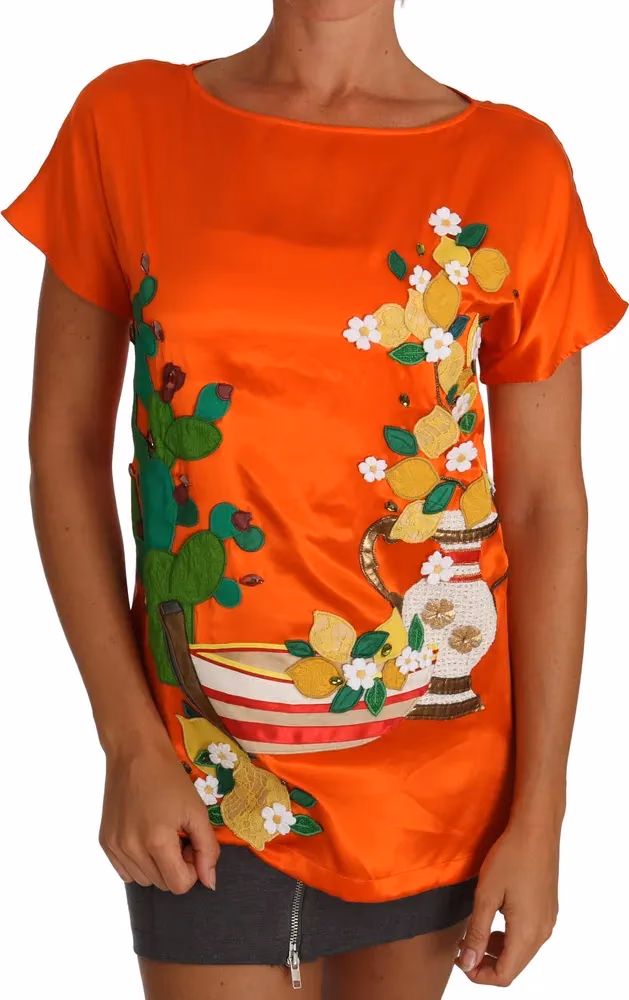 Dolce & Gabbana Silk Orange Lemon Crystal T-shirt Top
