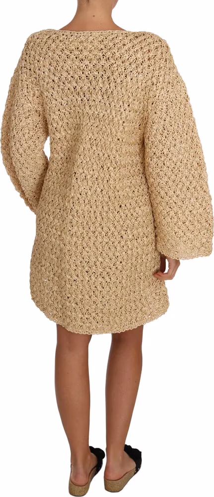 Dolce & Gabbana Beige Cardigan Crochet Knitted Raffia Sweater