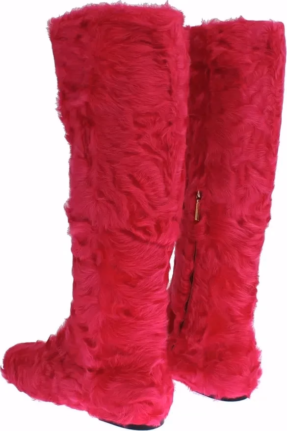 Dolce & Gabbana Pink Lamb Fur Leather Flat Boots Shoes